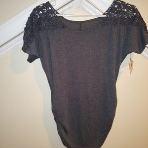 Grey Short Sleeve Crochet Shoulder Top